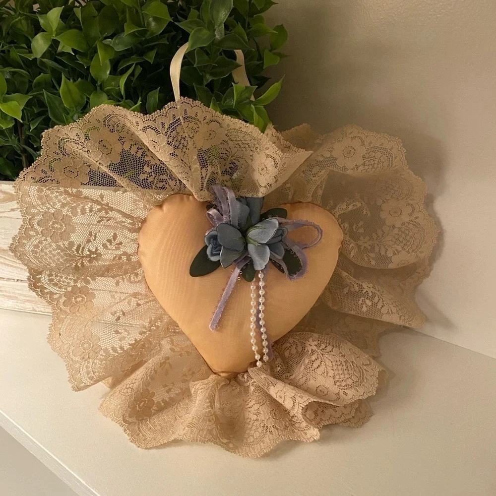 Heart Pillow Peach Shabby Chic Lace Ring Bearer Wedding Cottage Core Victorian